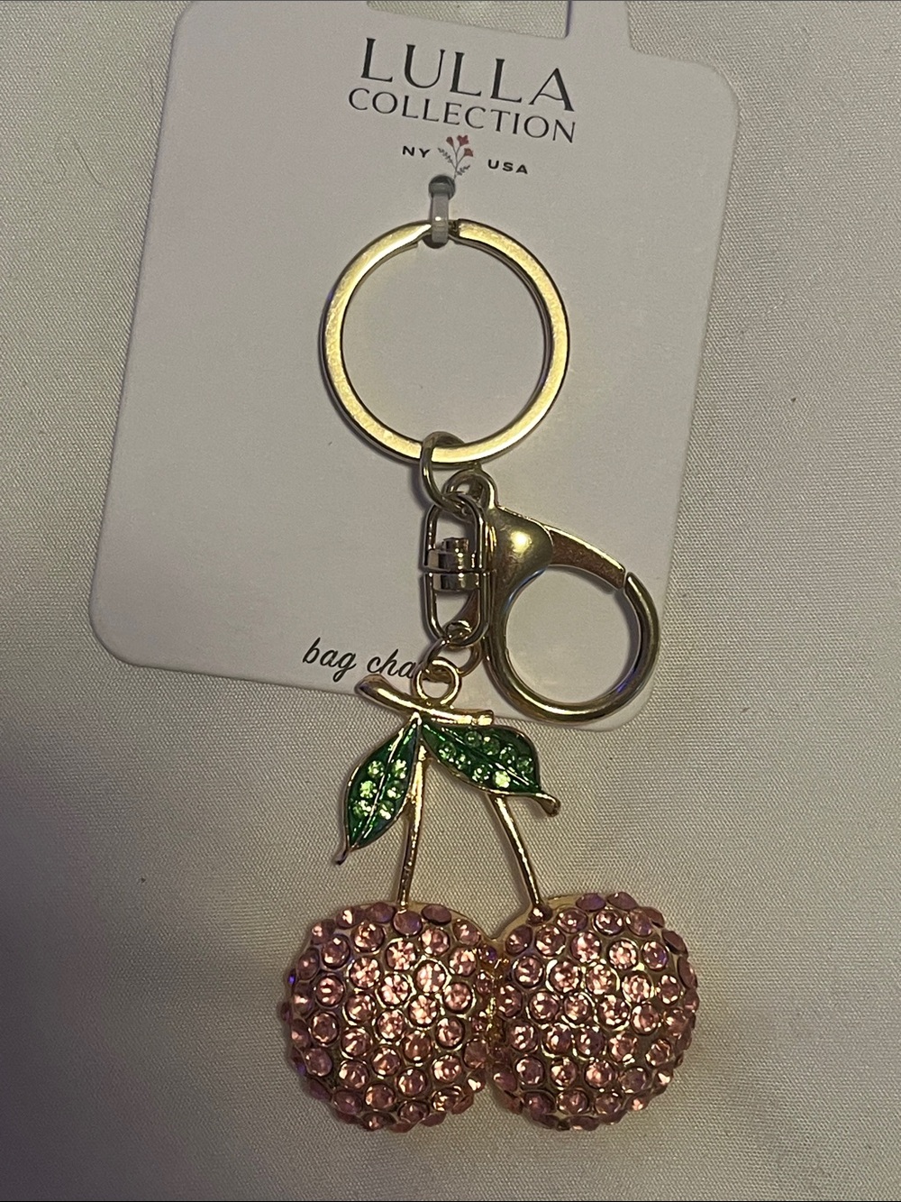 Pink Crystal Cherry Keychain NWT